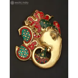 Exotic India Yellow & Red Textured Lord Ganesha With Om Wall Hangings-picture-28