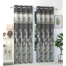 Grey Polyester Floral 7Ft Inches Blackout Eyelet Door Curtains (Pack of 2)-image-1