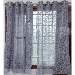 Grey Polyester Floral 9 Ft Sheer Eyelet 2 Door Curtains-image-4