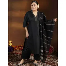 Extra Love By Libas Black Plain Kurta Salwar Set With Dupatta-picture-13