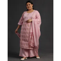 EXTRA LOVE BY LIBAS Floral Printed Round Neck Straight Kurta with Palazzos & With Dupatta-picture-26