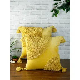 eyda Set of 2 Yellow Self-Design Square Velvet Sustainable Cushion Covers-picture-23