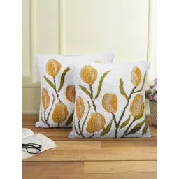 eyda White & Yellow 2 Pcs Floral Self Design Textured Cotton Square Cushion Covers-picture-11