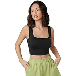 eyebogler Women's & Girls' Solid Ribbed Square Neck Tank Tops Black-picture-32