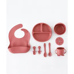 fab n funky Baby Silicone Feeding Set- Wine Red| Food Grade| Mess-free| Train Self Feeding| Easy to Clean| Gift for Boys & Girls| Dishwasher Safe| Suction Plate, Bowl, Bib, Snack Cup, Training Cup, Spoon & Fork-picture-18