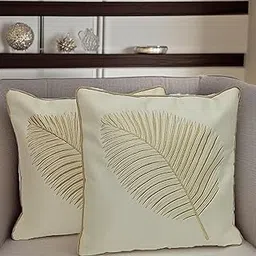 Fab Nation Silk Fabric White Decorative Cushion Covers with Golden Zari Leaf Embroidered Set of 2 for Home Decor | Throw/Pillow Cover 16x16 inches for Bedroom Sofa-picture-11