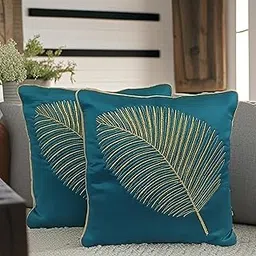 Fab Nation Turquoise Blue, Teal Decorative Cushion Covers with Golden Zari Leaf Embroidered Set of 5 for Home Decor | Throw/Pillow Cover 16x16 inches for Bedroom Sofa, Square Shape-picture-15