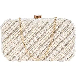 fabbhue Women's White Pearls Beaded Hand Embroidered Party/wedding Box Clutch Frame Bag Purse with chain strap-picture-10
