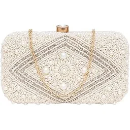 fabbhue Women's White Pearls Hand Embroidered Party Box Clutch Purse Bag-picture-12