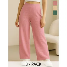 Fabflee Fabflee Women Pack Of 3 Straight Fit Parallel Trousers-picture-36