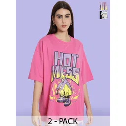 Fabflee Pack Of 2 Graphic Printed Drop-Shoulder Sleeves Oversizeed Cotton T-Shirts-picture-22