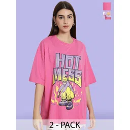 Fabflee Pack Of 2 Pink Panther Printed Drop-Shoulder Sleeves Oversized Cotton T-shirt-picture-33