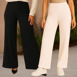 fabflee Pack of 2 Women Comfort Fit Black, White Cotton Blend Trousers-picture-12