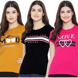fabflee Pack of 3 Women Typography Round Neck Pure Cotton Multicolor T-Shirt-picture-11