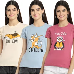 fabflee Pack of 3 Women Typography Round Neck Pure Cotton Multicolor T-Shirt-picture-11