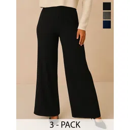 Fabflee Women Pack Of 3 Striped Wide Leg High-Rise Cotton Parallel Trousers-picture-20