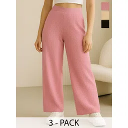 Fabflee Women Pack Of 3 Textured Mid-Rise Parallel Trousers-picture-36