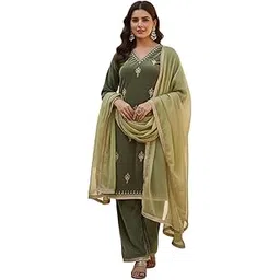 fabian fashion Women’s Velvet Embroidered V-Neck Straight Kurta, Velvet Pant & Organza Lace Border Dupatta Set | 3/4 Sleeve Ethnic Suit Set(FAB_ES_2555_Brown)-picture-34