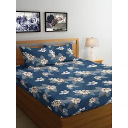 FABINALIV Blue & Grey Floral 300 TC Fitted King Bedsheet with 2 Pillow Covers-picture-19