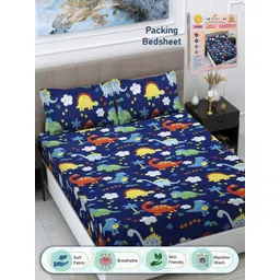 FABINALIV Blue & White Cartoon Characters 300 TC King Bedsheet with 2 Pillow Covers-picture-30