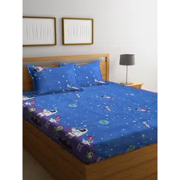 FABINALIV Blue & White Printed 300 TC Fitted King Bedsheet & 2 Pillow Covers-picture-32