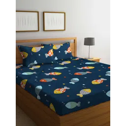 FABINALIV Blue & Yellow Graphic 300 TC Fitted King Bedsheet with 2 Pillow Covers-picture-10
