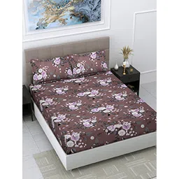 FABINALIV Brown & Pink Floral 300 TC Fitted King Bedsheet with 2 Pillow Covers-picture-15