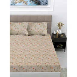 FABINALIV Brown & Pink Floral Printed 300 TC Double King Bedsheet With 2 Pillow Covers-picture-16