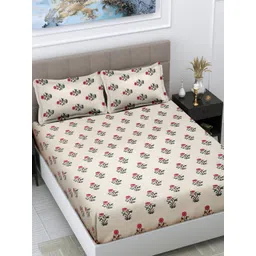 FABINALIV Cream & Pink Floral Printed 300 TC King Bedsheet With 2 Pillow Covers-image-34