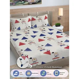 FABINALIV Cream & Red Cartoon Characters 300 TC King Bedsheet with 2 Pillow Covers-image-21