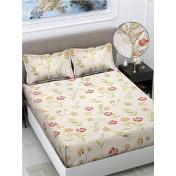 FABINALIV Cream & Red Floral 300 TC Fitted King Bedsheet with 2 Pillow Covers-image-23