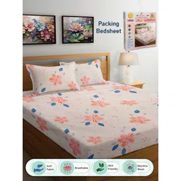 FABINALIV Cream-Coloured & Pink Floral 300 TC King Bedsheet with 2 Pillow Covers-image-40