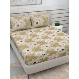 FABINALIV Cream-Coloured & White Floral 300 TC Flat King Bedsheet with 2 Pillow Covers-image-2
