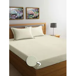 FABINALIV Cream-Coloured Striped 300 TC King Bedsheet with 2 Pillow Covers-image-19