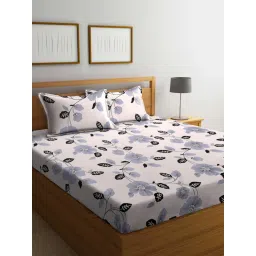 FABINALIV Cream Floral 210 TC Cotton Blend Bedsheet with 2 Pillow Covers (King)-image-1