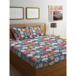 FABINALIV Grey & Blue Cartoon Characters 300 TC King Bedsheet with 2 Pillow Covers image 1