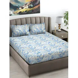 FABINALIV Grey & Blue Floral 300 TC Flat King Bedsheet with 2 Pillow Covers-picture-10