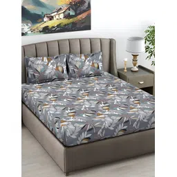 FABINALIV Grey & White Floral 300 TC Flat King Bedsheet with 2 Pillow Covers-picture-10