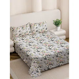 FABINALIV Grey & White Floral 300 TC King Bedsheet with 2 Pillow Covers-picture-16