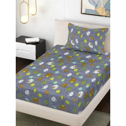 FABINALIV Grey & White Floral 300 TC Single Bedsheet with 1 Pillow Covers-picture-17