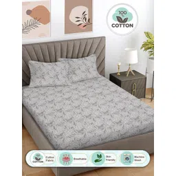 FABINALIV Grey & White Floral Printed 300 TC Cotton King Bedsheet 2.50 m x 2.25 m-picture-20
