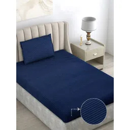 FABINALIV Navy Blue Striped Woollen 300 TC Single Bedsheet with 1 Pillow Cover-picture-12