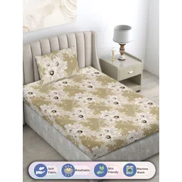 FABINALIV Olive Green & White Floral 300 TC Single Bedsheet With 1 Pillow Cover-picture-23