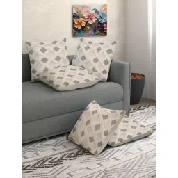 FABINALIV Pack of 5 Cream Geometric Cotton Blend Square Cushion Covers-image-32
