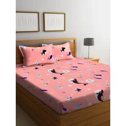 FABINALIV Peach & Blue Cartoon Characters 300 TC King Bedsheet With 2 Pillow Covers-picture-24
