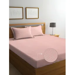 FABINALIV Peach & White Striped 300 TC Flat King Bedsheet with 2 Pillow Covers-picture-39