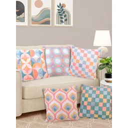 FABINALIV Pink & Blue 5 Pieces Printed Velvet Square Cushion Covers-picture-26