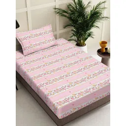 FABINALIV Pink & White Floral Printed 300 TC Single Bedsheet with 1 Pillow Covers-picture-23