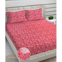 FABINALIV Pink Cartoon Print Woollen King Size Fitted Double Bedsheet with 2 Pillow Covers-picture-28