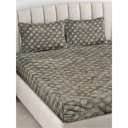 FABINALIV Taupe Geometric Fitted 300 TC King Bedsheet with 2 Pillow Covers-picture-13